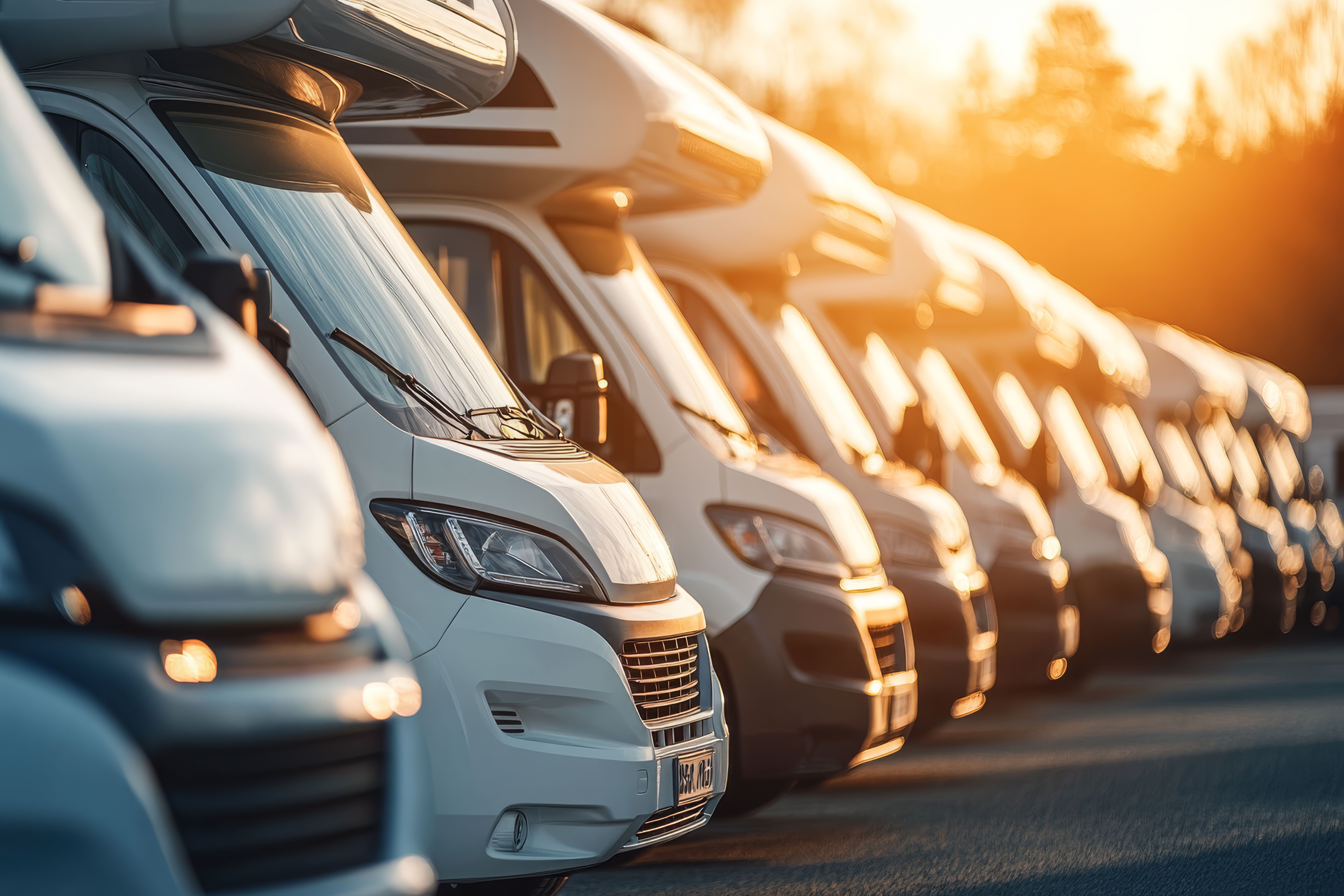a row of RVs at an RV dealership to showcase the best time to buy an RV